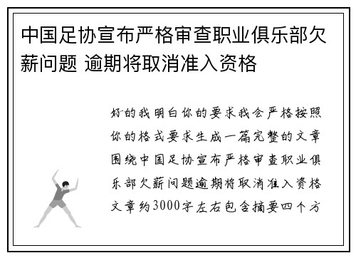 中国足协宣布严格审查职业俱乐部欠薪问题 逾期将取消准入资格