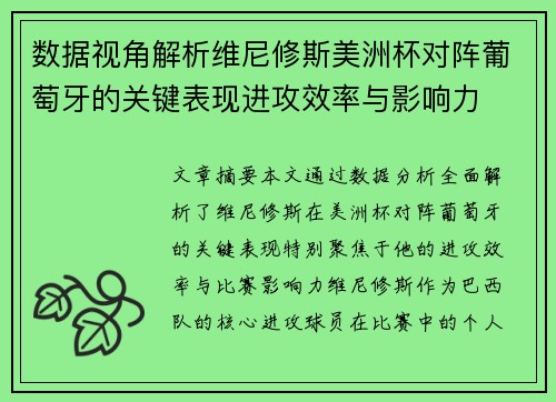 数据视角解析维尼修斯美洲杯对阵葡萄牙的关键表现进攻效率与影响力