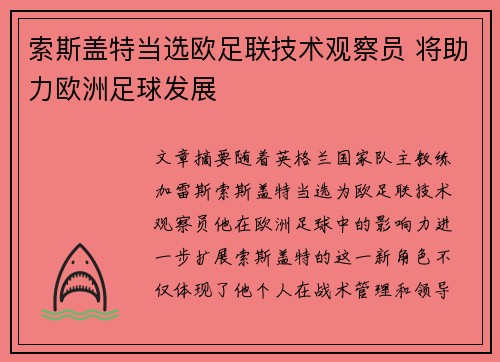 索斯盖特当选欧足联技术观察员 将助力欧洲足球发展 索斯盖特当选欧足联技术观察员 将助力欧洲足球发展